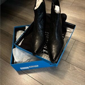 John Fluevog Joan Black Embossed Ankle Boots (Buddha colour Nero)